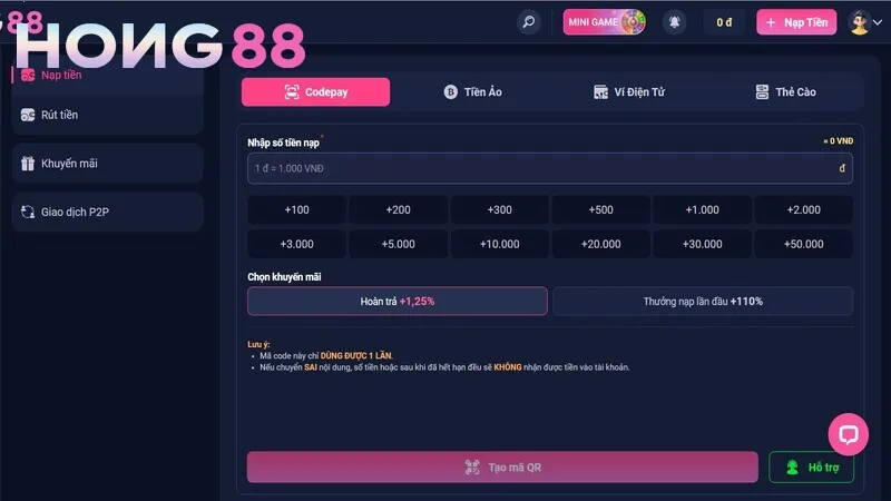 Hướng dẫn nạp tiền Hong88 bằng thẻ ngân hàng nội địa