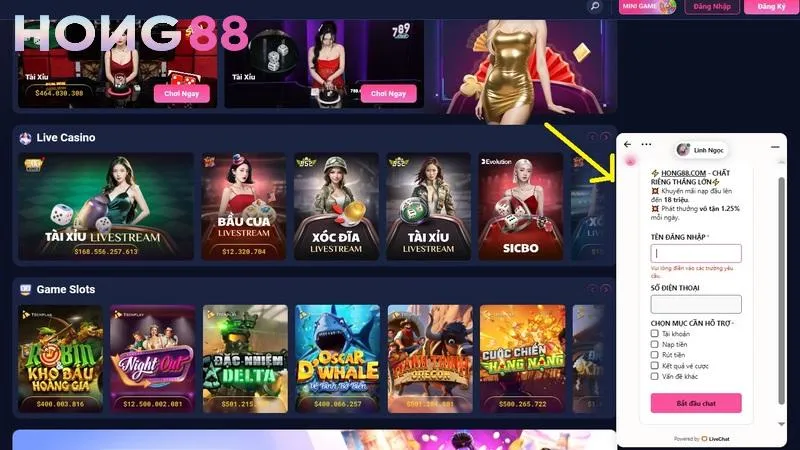 Vị trí mục Liên hệ tại trang chủ Hong88