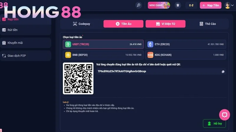 Nạp cược bằng tiền ảo tại Hong88
